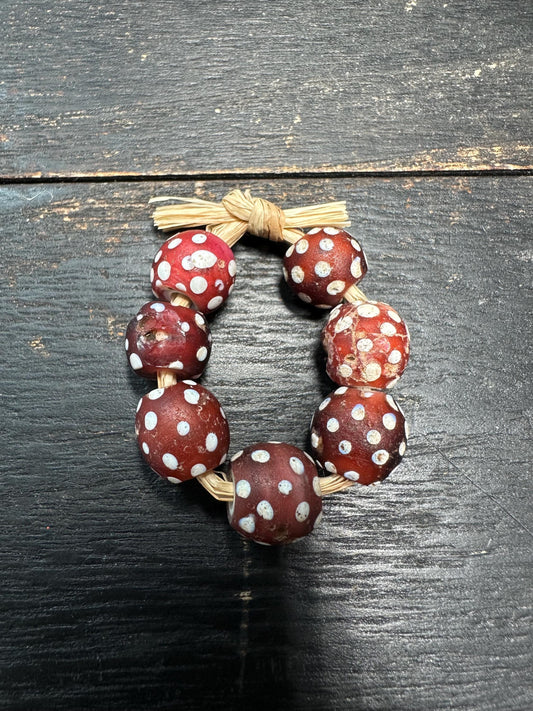 Antique Venetian Skunk Eye Trade Beads: Red African Glass, Set of 7