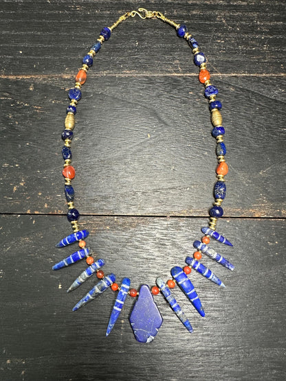 Natural Lapis Lazuli, Red Agate & Ostrich Shell Bead Necklace