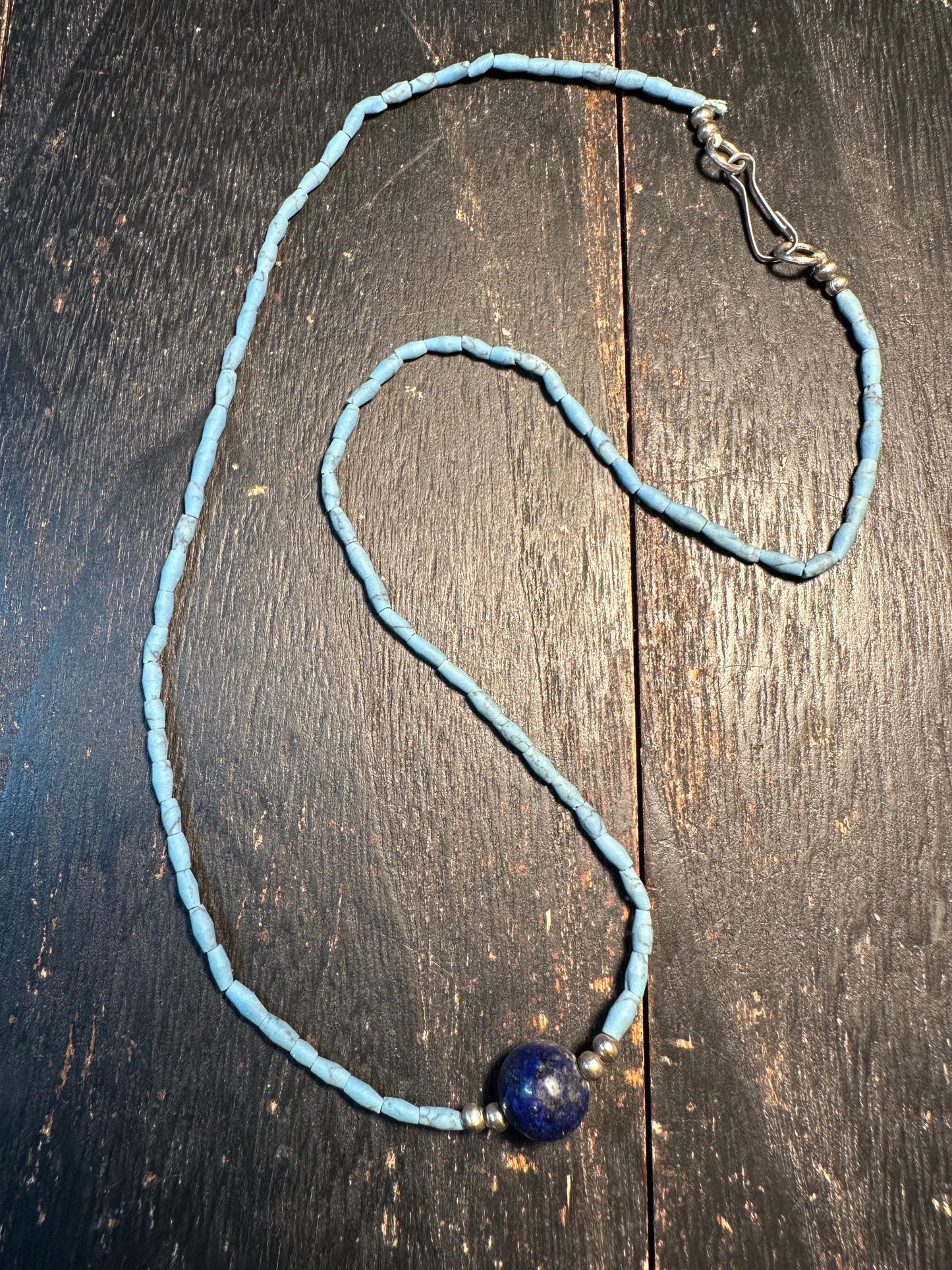 Tibetan-Style Blue Turquoise Glass Bead Necklace with lapis lazuli pendant - Boho Choker Design