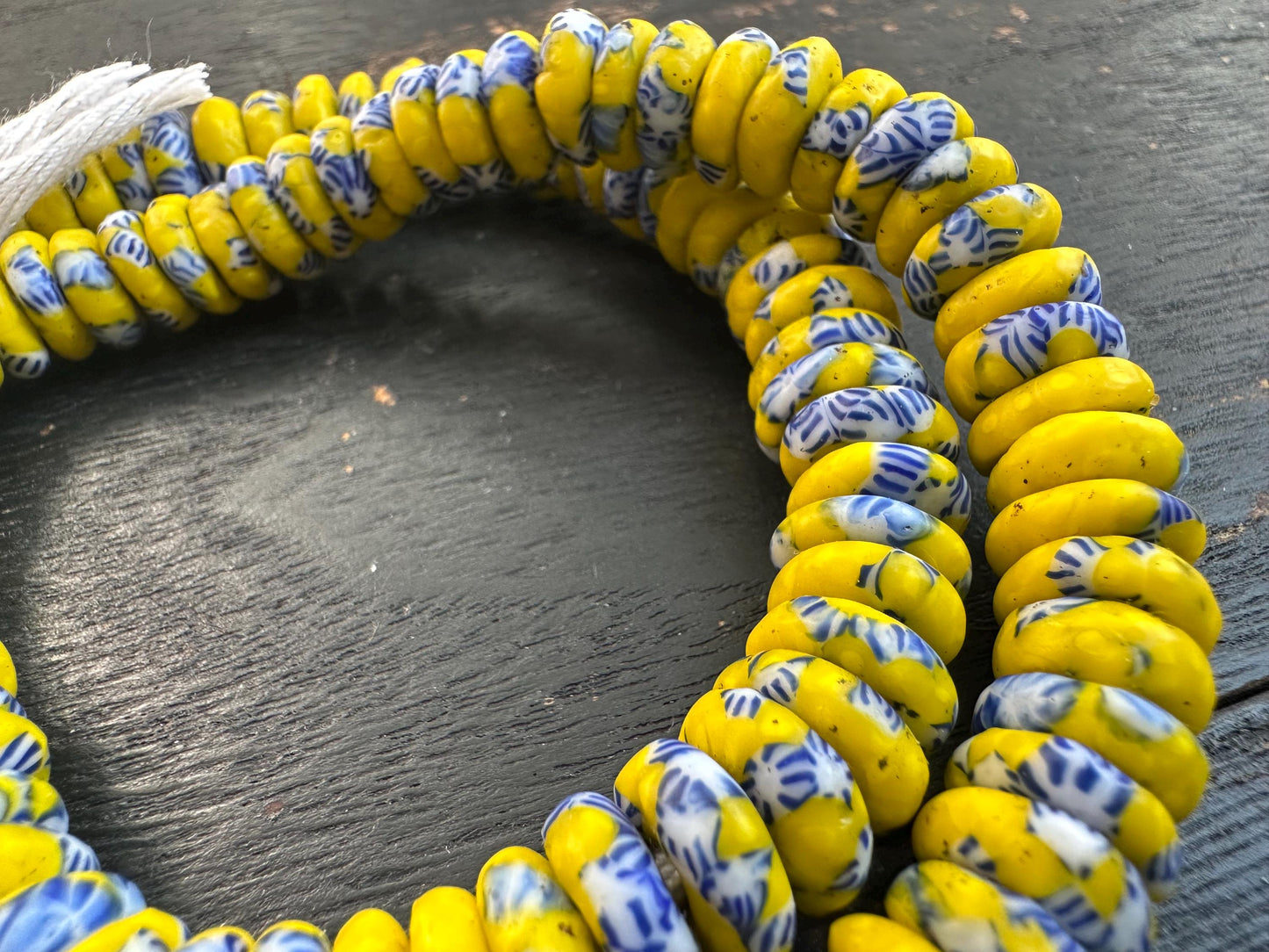 Authentic African Trade Beads  Yellow Blue Fused Glass Krobo Beads from Ghana  10-11mm Spacer Beads