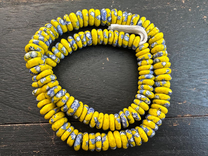 Authentic African Trade Beads  Yellow Blue Fused Glass Krobo Beads from Ghana  10-11mm Spacer Beads