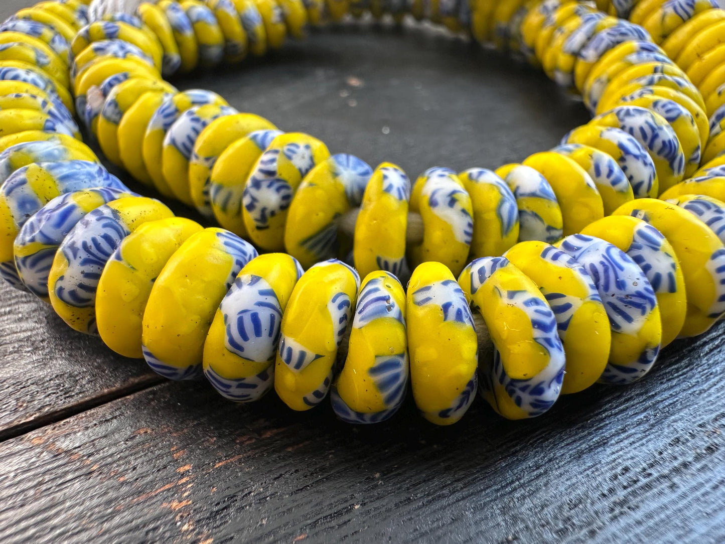 Authentic African Trade Beads  Yellow Blue Fused Glass Krobo Beads from Ghana  10-11mm Spacer Beads