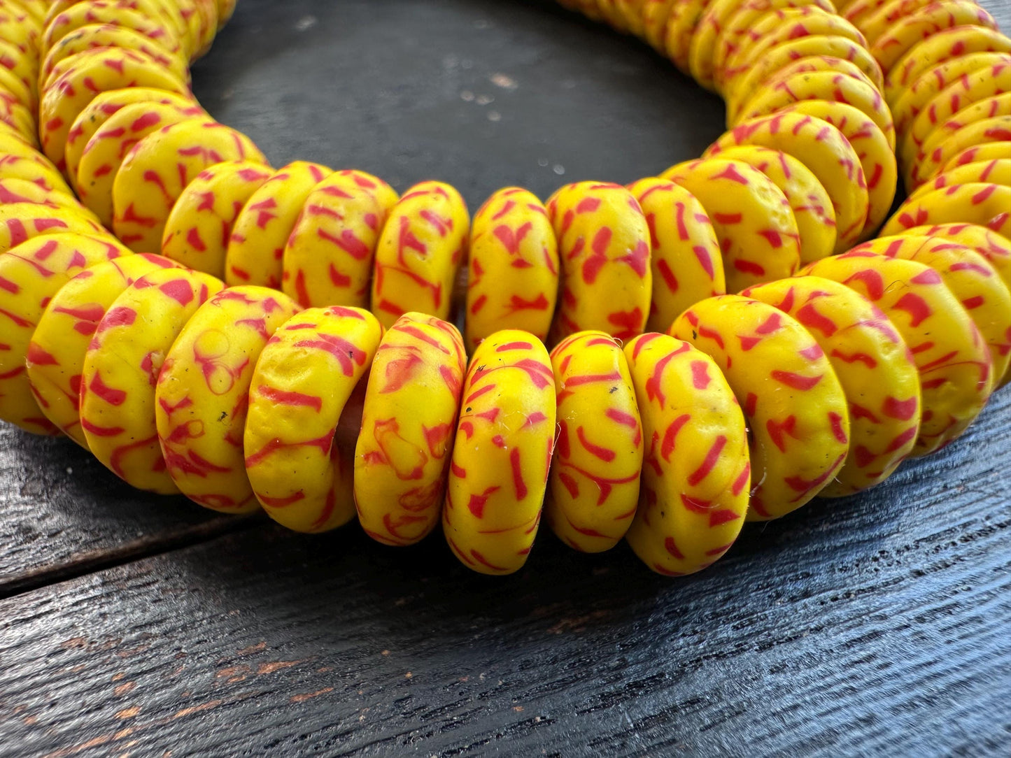 Authentic African Trade Beads  Yellow Red Fused Glass Krobo Beads from Ghana  10-11mm Spacer Beads