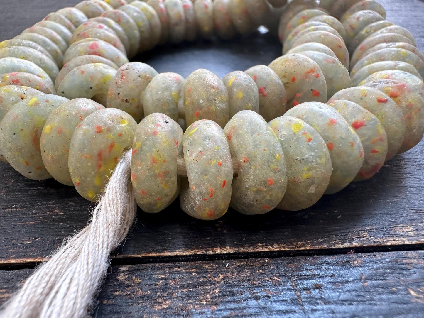 Rustic African Recycled Glass Beads  Handmade Krobo Disc Beads  Earthy Green with Speckles  Jewelry Making Supplies
