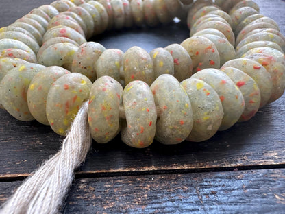 Rustic African Recycled Glass Beads  Handmade Krobo Disc Beads  Earthy Green with Speckles  Jewelry Making Supplies