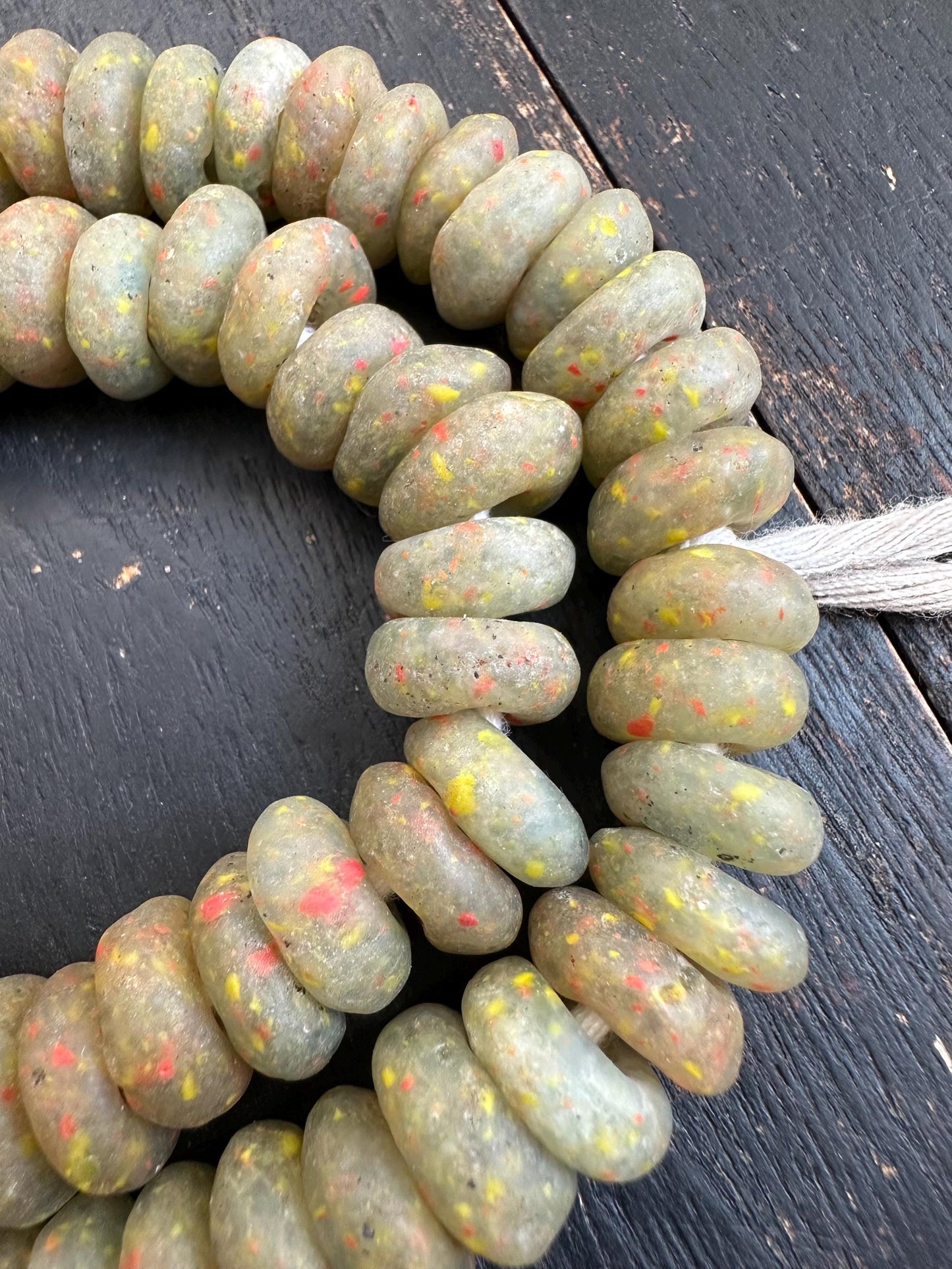 Rustic African Recycled Glass Beads  Handmade Krobo Disc Beads  Earthy Green with Speckles  Jewelry Making Supplies