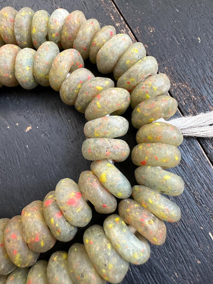Rustic African Recycled Glass Beads  Handmade Krobo Disc Beads  Earthy Green with Speckles  Jewelry Making Supplies