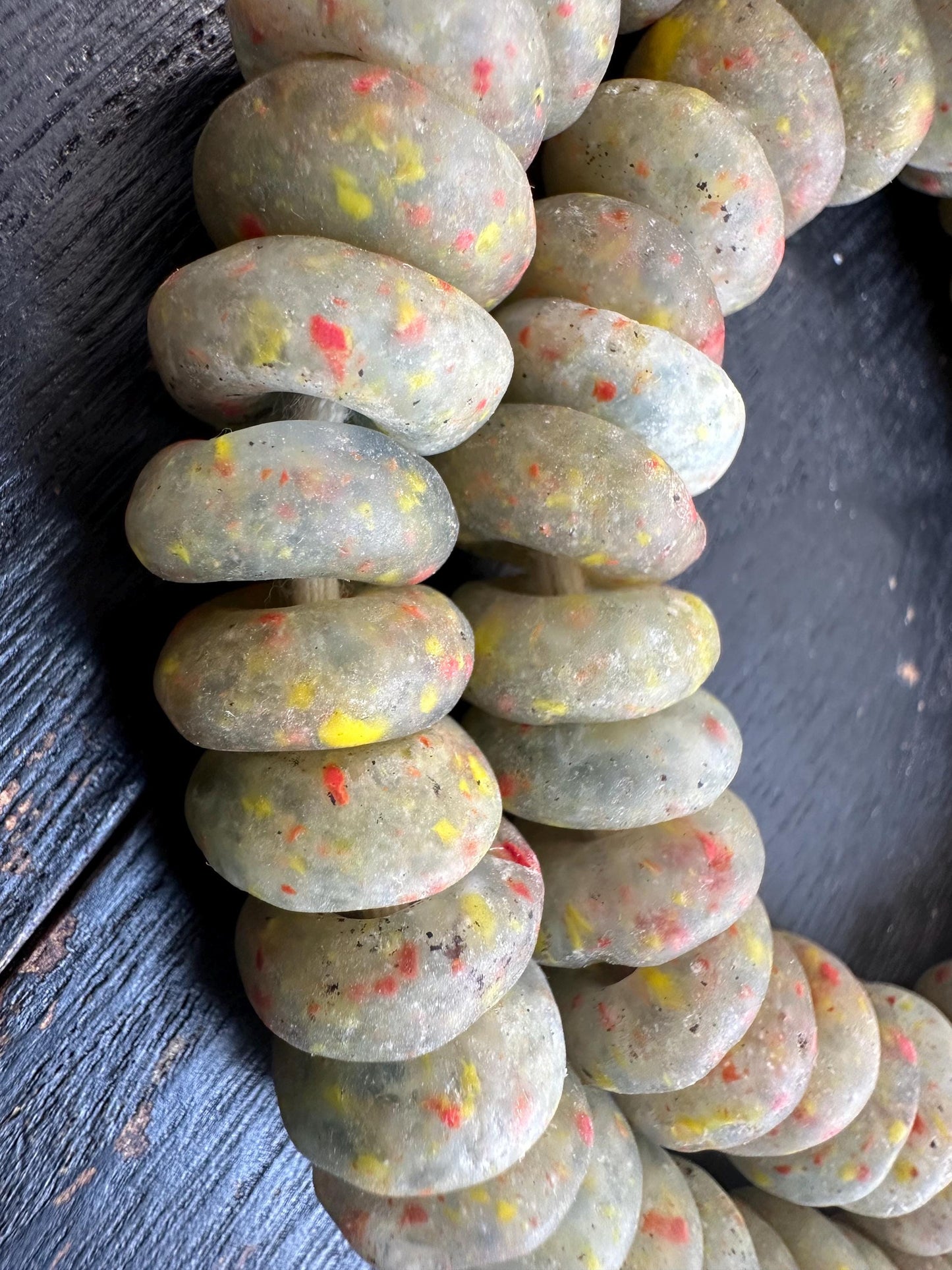Rustic African Recycled Glass Beads  Handmade Krobo Disc Beads  Earthy Green with Speckles  Jewelry Making Supplies