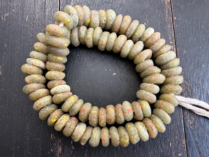 Rustic African Recycled Glass Beads  Handmade Krobo Disc Beads  Earthy Green with Speckles  Jewelry Making Supplies