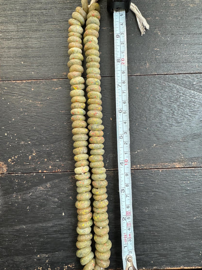 Rustic African Recycled Glass Beads  Handmade Krobo Disc Beads  Earthy Green with Speckles  Jewelry Making Supplies