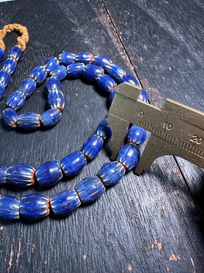 Vintage Blue Chevron Glass Bead Necklace: Nepal Trade Beads, 8-9mm