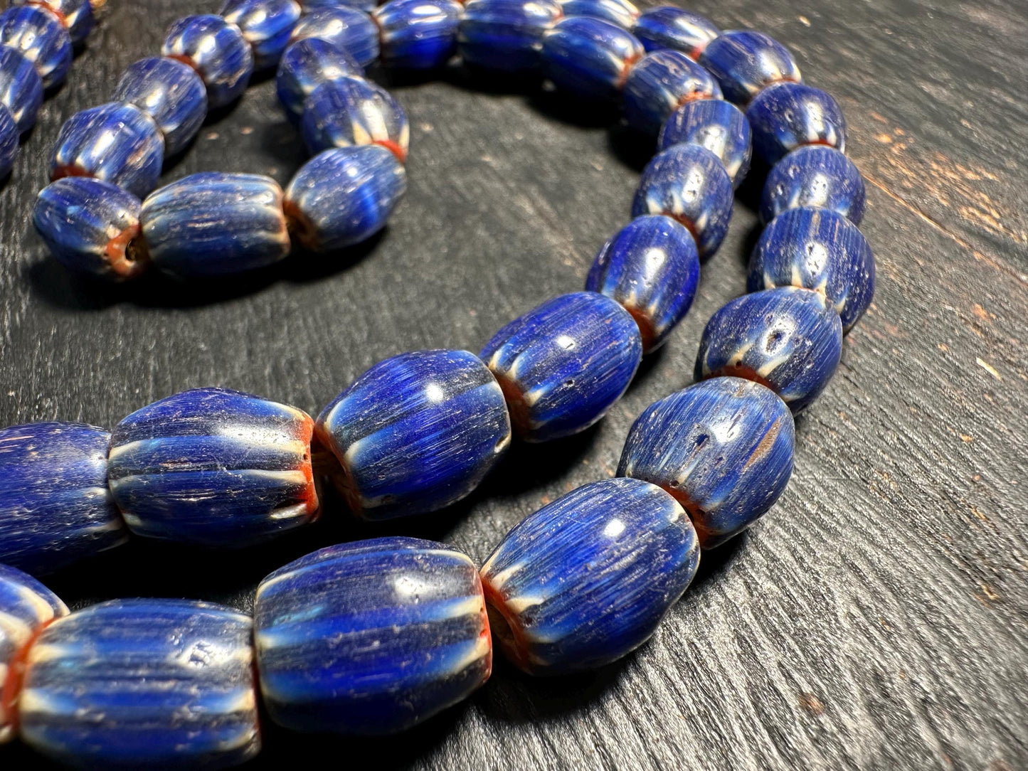 Vintage Blue Chevron Glass Bead Necklace: Nepal Trade Beads, 8-9mm