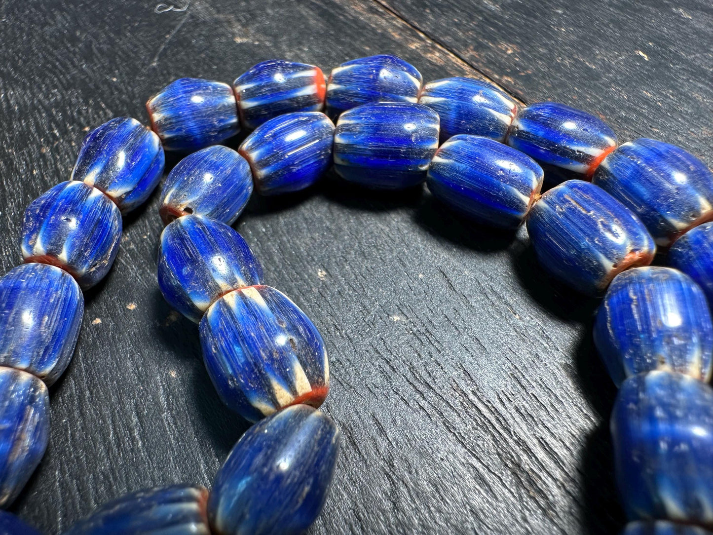 Vintage Blue Chevron Glass Bead Necklace: Nepal Trade Beads, 8-9mm