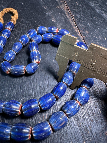 Vintage Blue Chevron Glass Bead Necklace: Nepal Trade Beads, 8-9mm
