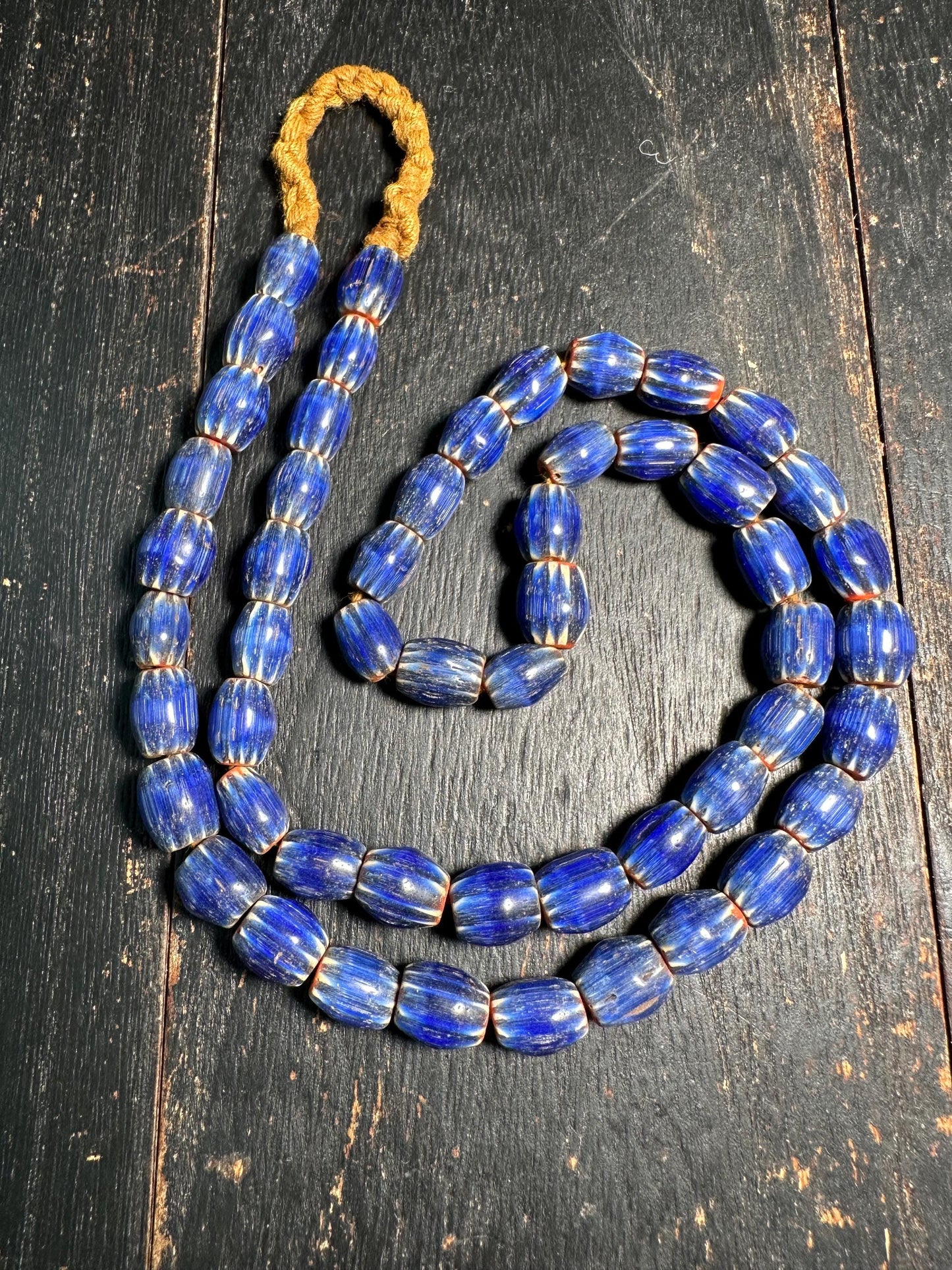 Vintage Blue Chevron Glass Bead Necklace: Nepal Trade Beads, 8-9mm