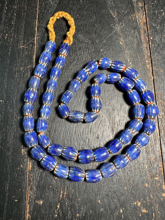 Vintage Blue Chevron Glass Bead Necklace: Nepal Trade Beads, 8-9mm