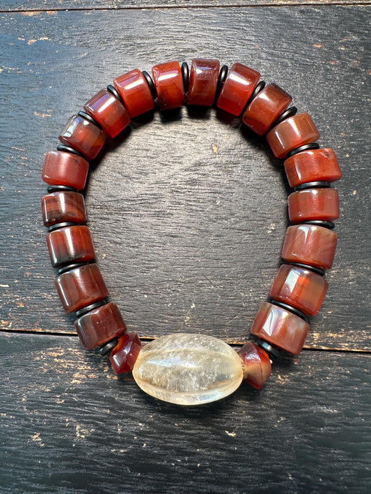 Tibetan Carnelian and Old Crystal Bracelet  Nepal Style Mala Beads on Stretch Cord
