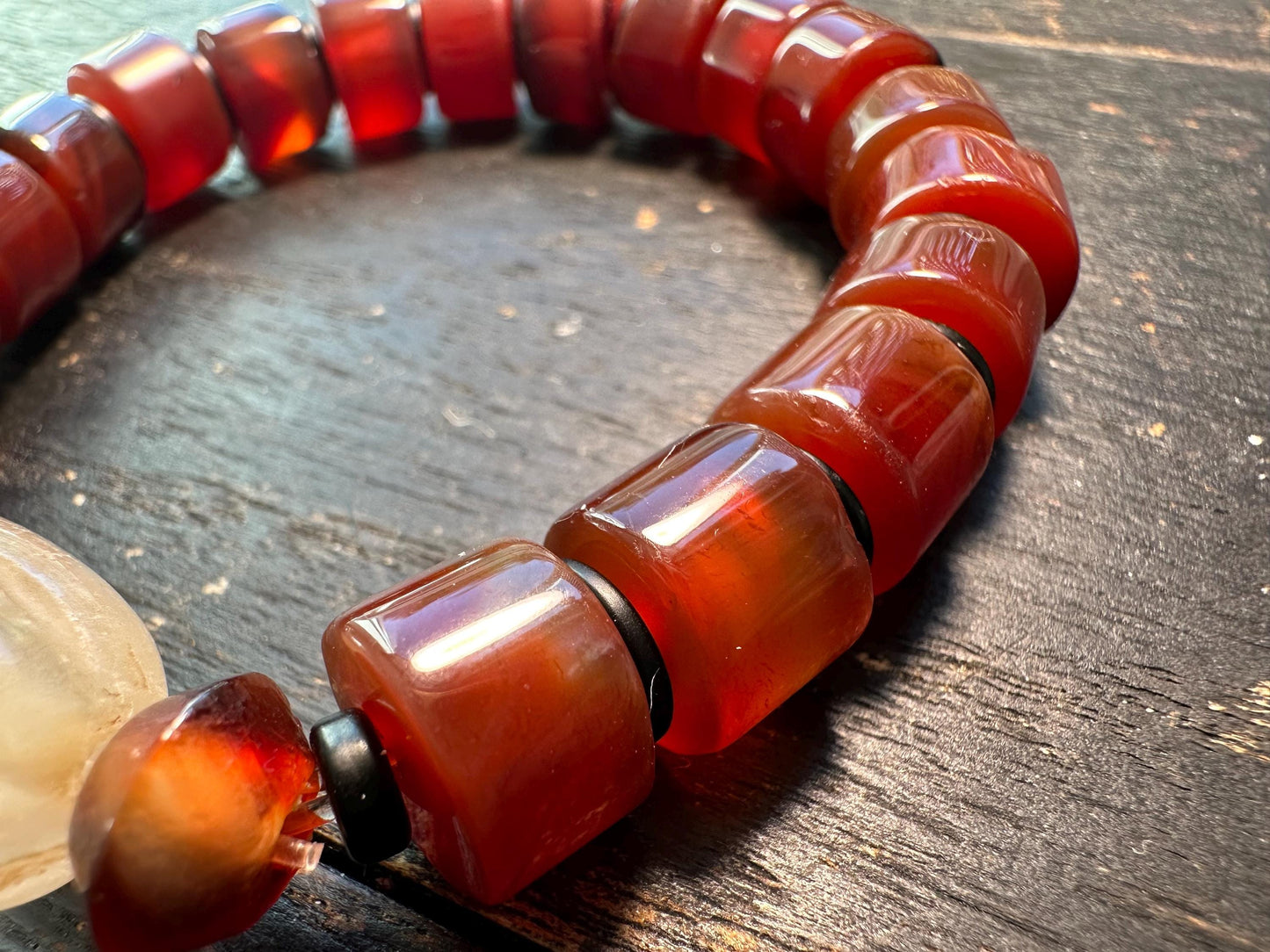 Tibetan Carnelian and Old Crystal Bracelet  Nepal Style Mala Beads on Stretch Cord