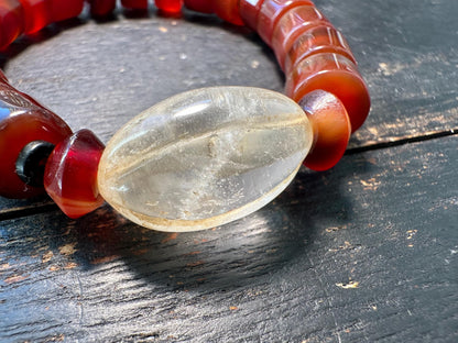 Tibetan Carnelian and Old Crystal Bracelet  Nepal Style Mala Beads on Stretch Cord