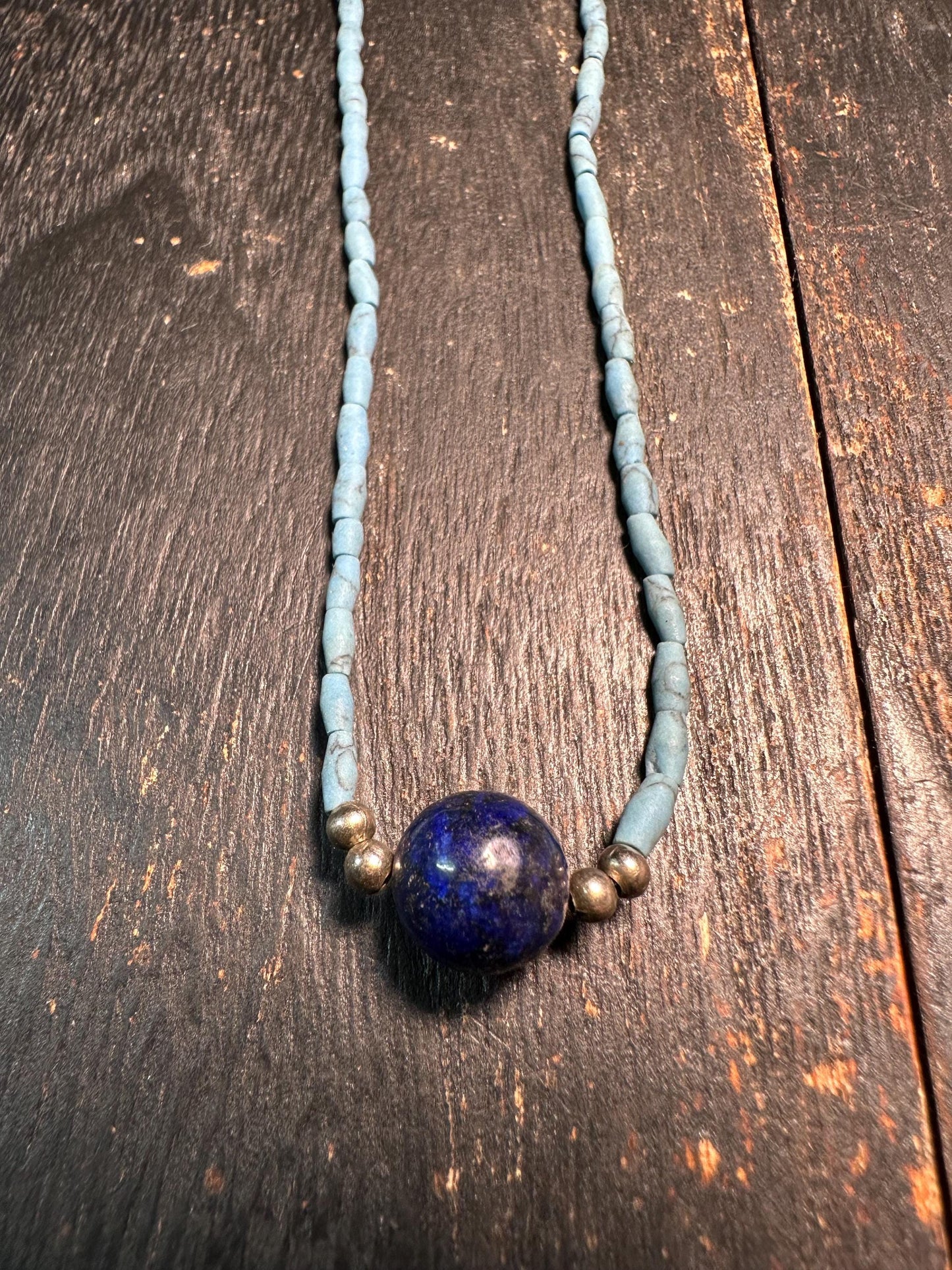 Tibetan-Style Blue Turquoise Glass Bead Necklace with lapis lazuli pendant - Boho Choker Design