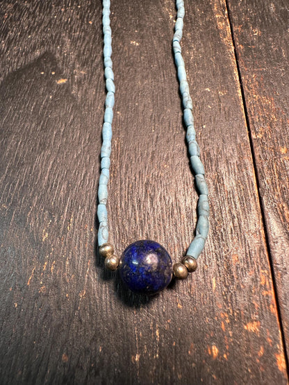 Tibetan-Style Blue Turquoise Glass Bead Necklace with lapis lazuli pendant - Boho Choker Design