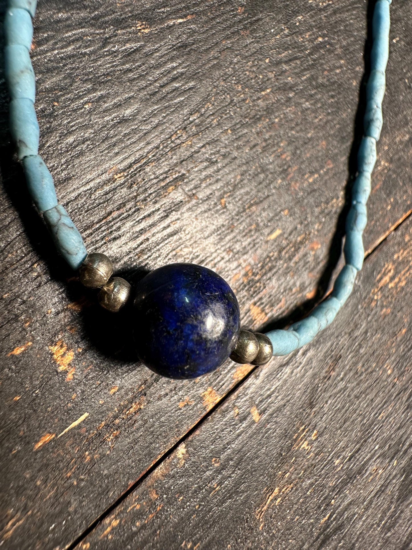 Tibetan-Style Blue Turquoise Glass Bead Necklace with lapis lazuli pendant - Boho Choker Design