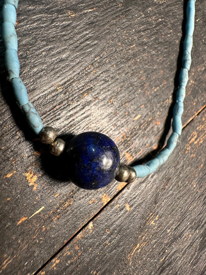 Tibetan-Style Blue Turquoise Glass Bead Necklace with lapis lazuli pendant - Boho Choker Design
