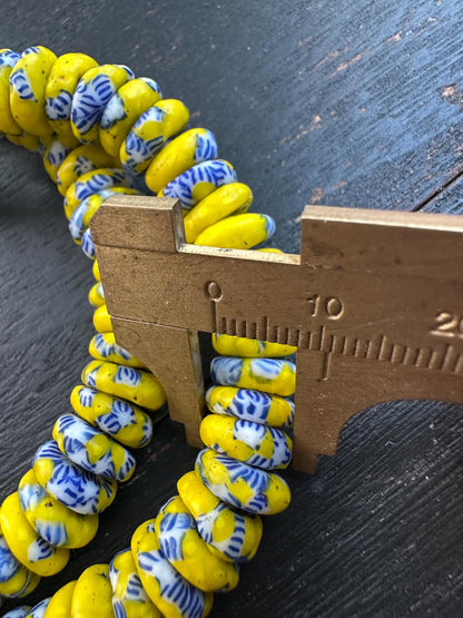 Authentic African Trade Beads  Yellow Blue Fused Glass Krobo Beads from Ghana  10-11mm Spacer Beads