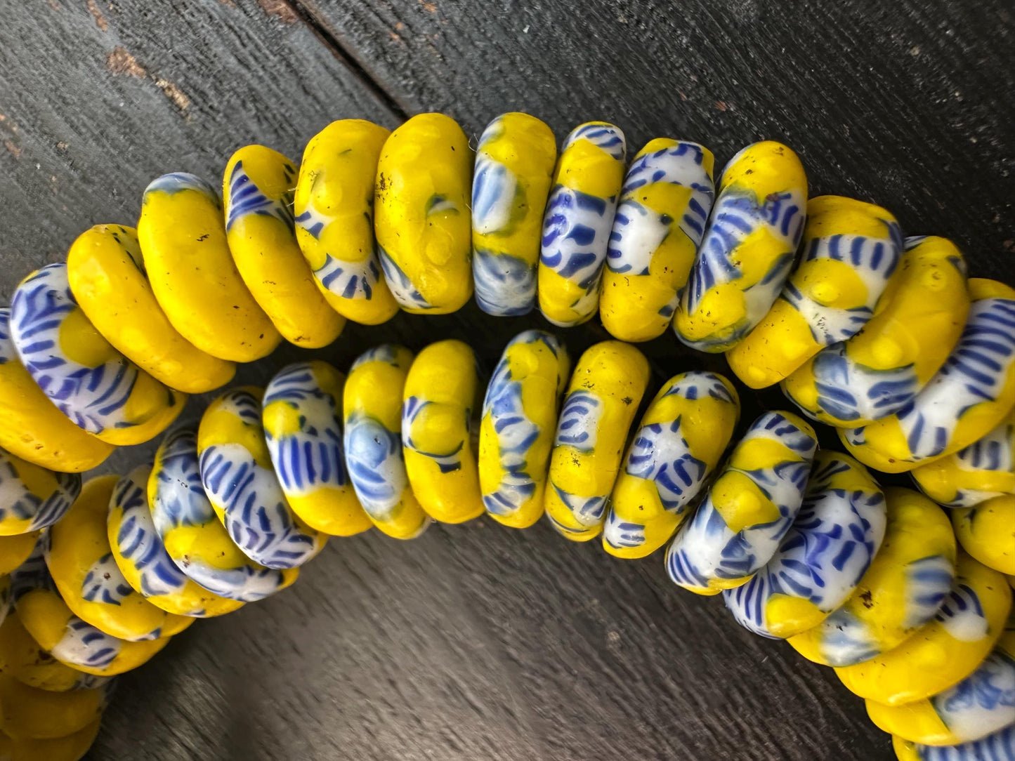 Authentic African Trade Beads  Yellow Blue Fused Glass Krobo Beads from Ghana  10-11mm Spacer Beads