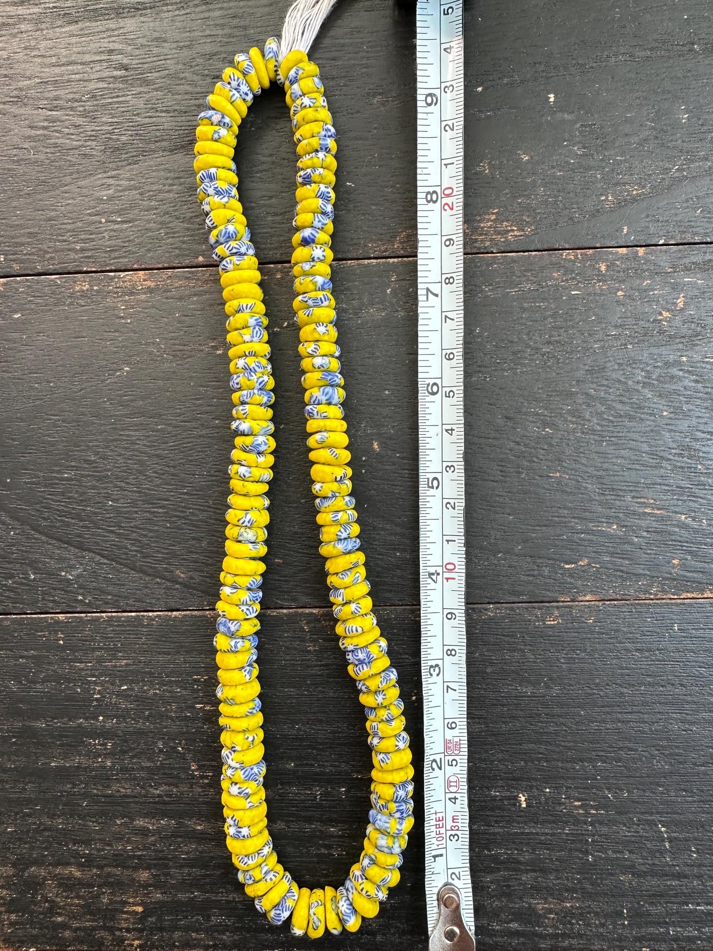 Authentic African Trade Beads  Yellow Blue Fused Glass Krobo Beads from Ghana  10-11mm Spacer Beads