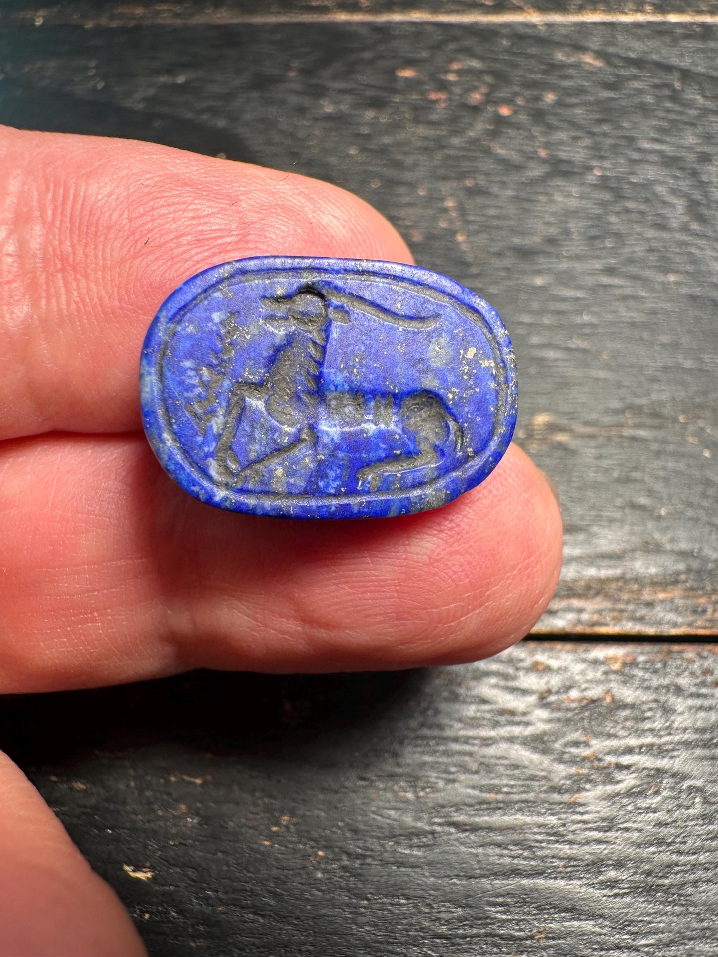 Hand Carved Lapis Scarab Amulet  Sacred Beetle Seal  Ancient Style Stone Talisman