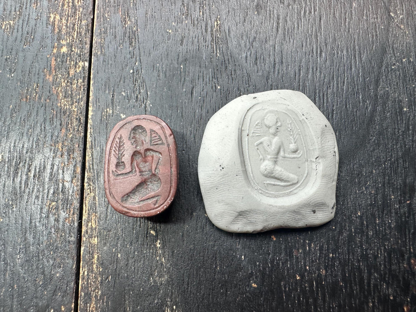 Hand Carved Jade Scarab Seal Amulet  Egyptian Style Kneeling Figure Stamp  Protective Talisman