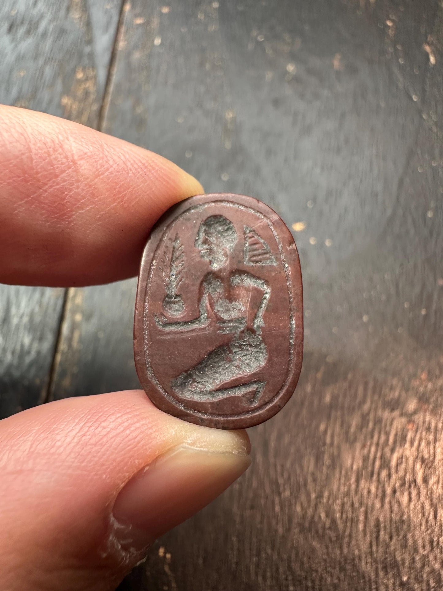 Hand Carved Jade Scarab Seal Amulet  Egyptian Style Kneeling Figure Stamp  Protective Talisman