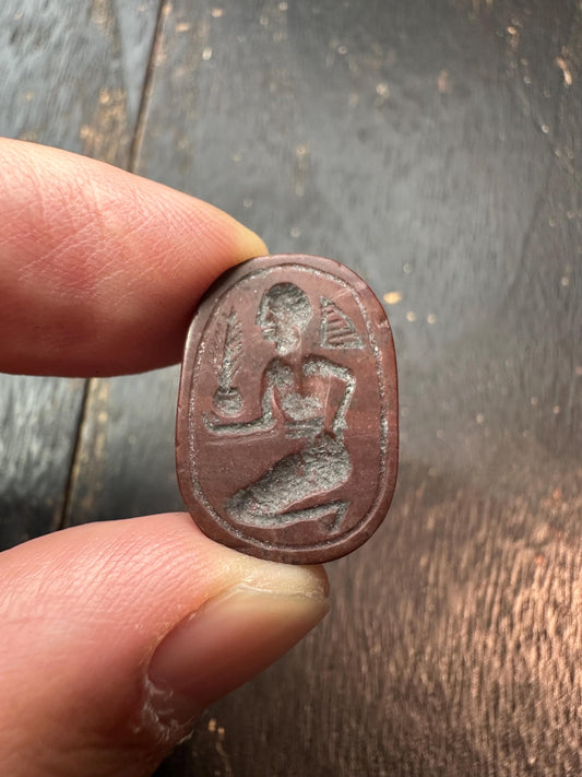 Hand Carved Jade Scarab Seal Amulet  Egyptian Style Kneeling Figure Stamp  Protective Talisman