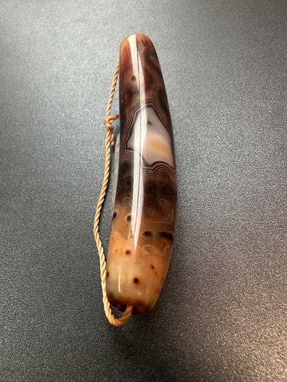 Natural Old Tibetan Agate Dzi Horn Pendant, Sky Eyes Pattern, 90mm Large Amulet Bead