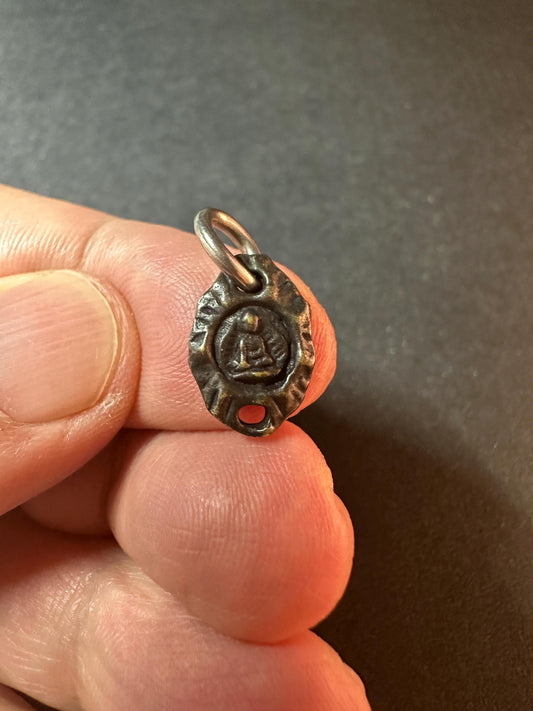 Mini White Bronze Buddha Talisman Pendant Amulet, Crescent Moon & Dot Symbol, Tibetan/Nepalese Mandala Charm