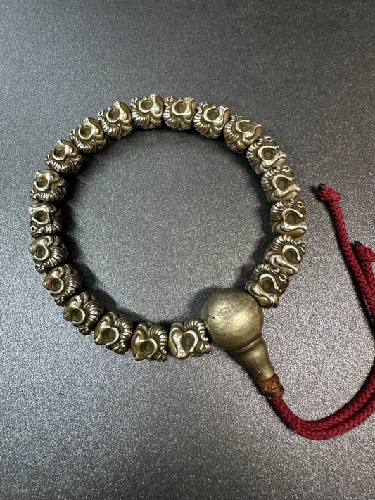 White Brass Garuda Mala Bracelet  20 Beads + Guru Bead, Adjustable, Tibetan Buddhist Protection, Handmade Stretch Mala