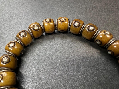Tibetan Yak Bone Prayer Bead Bracelet, Adjustable, White Brass Guru Bead, Mantra Dot Mala, Fits Most Wrists