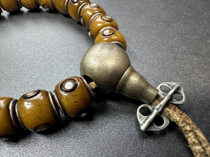 Tibetan Yak Bone Prayer Bead Bracelet, Adjustable, White Brass Guru Bead, Mantra Dot Mala, Fits Most Wrists