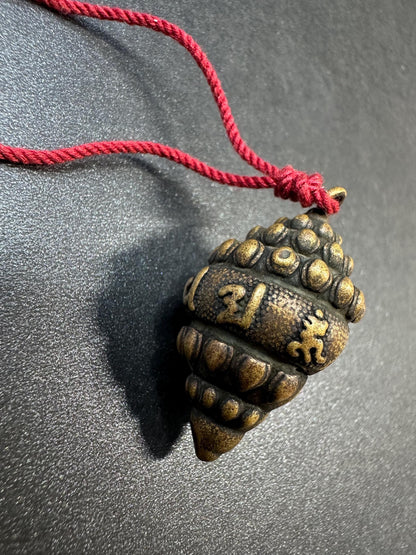 Antique Copper Mahavairocana Buddha Triton Amulet Pendant with Six-Syllable Mantra | Tibetan Conch Shell Protection Talisman Necklace