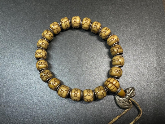 Hand-Carved Yak Bone Tibetan Mala Bracelet, Adjustable, 89 inch Wrist, Guru Bead with Protective Motif