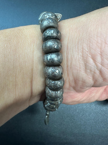 Tibetan Meteorite Iron Bracelet | Engraved Six-Syllable Mantra “Om Mani Padme Hum | Sky Iron 36 Beads Mala with Counter | Fits Wrists under