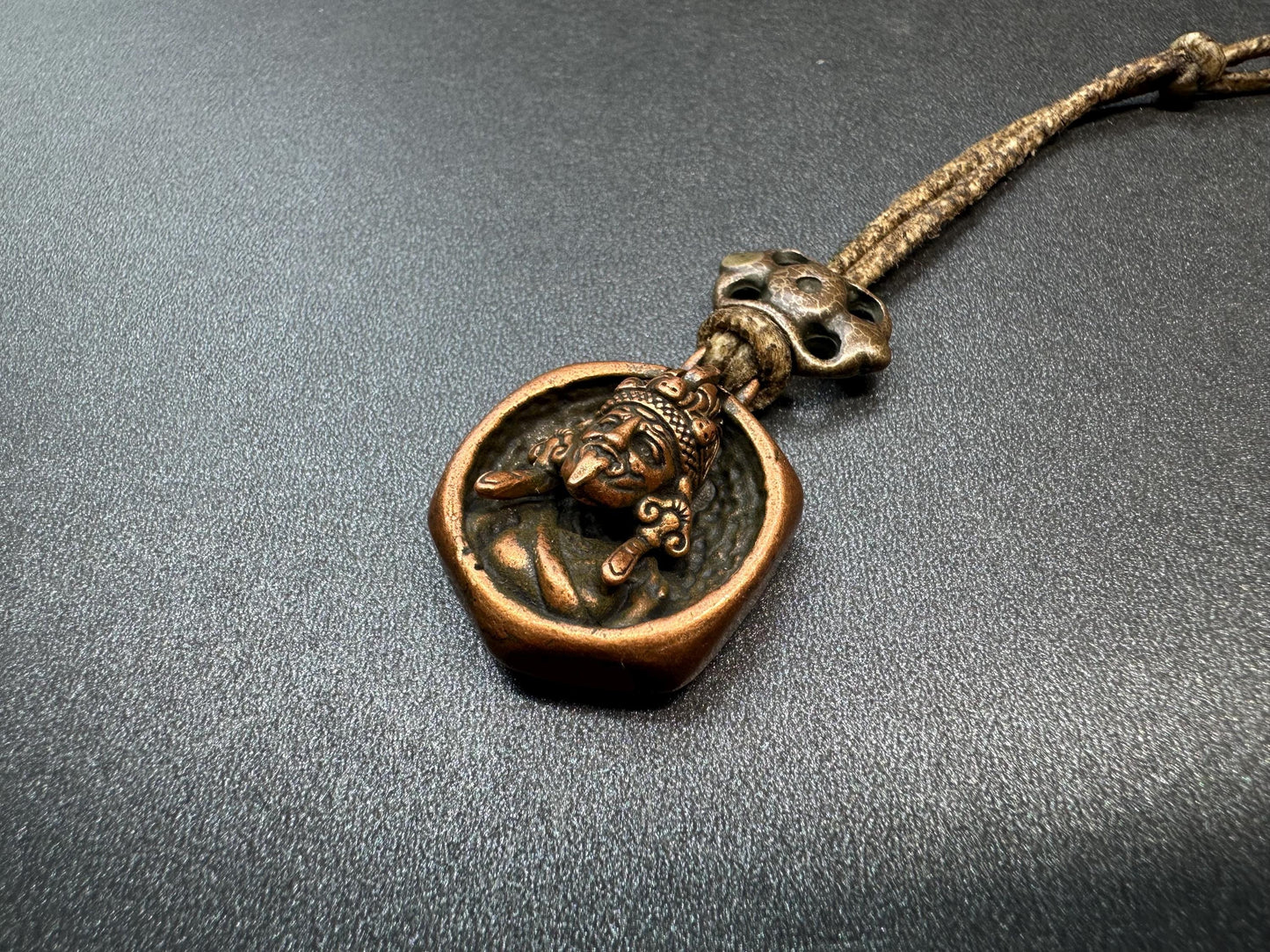Brass Zakiram “Past and Present Lives Opening Pendant with Genuine Sheepskin Cord | Tibetan Spiritual Protector Amulet | Unique Buddhist Je