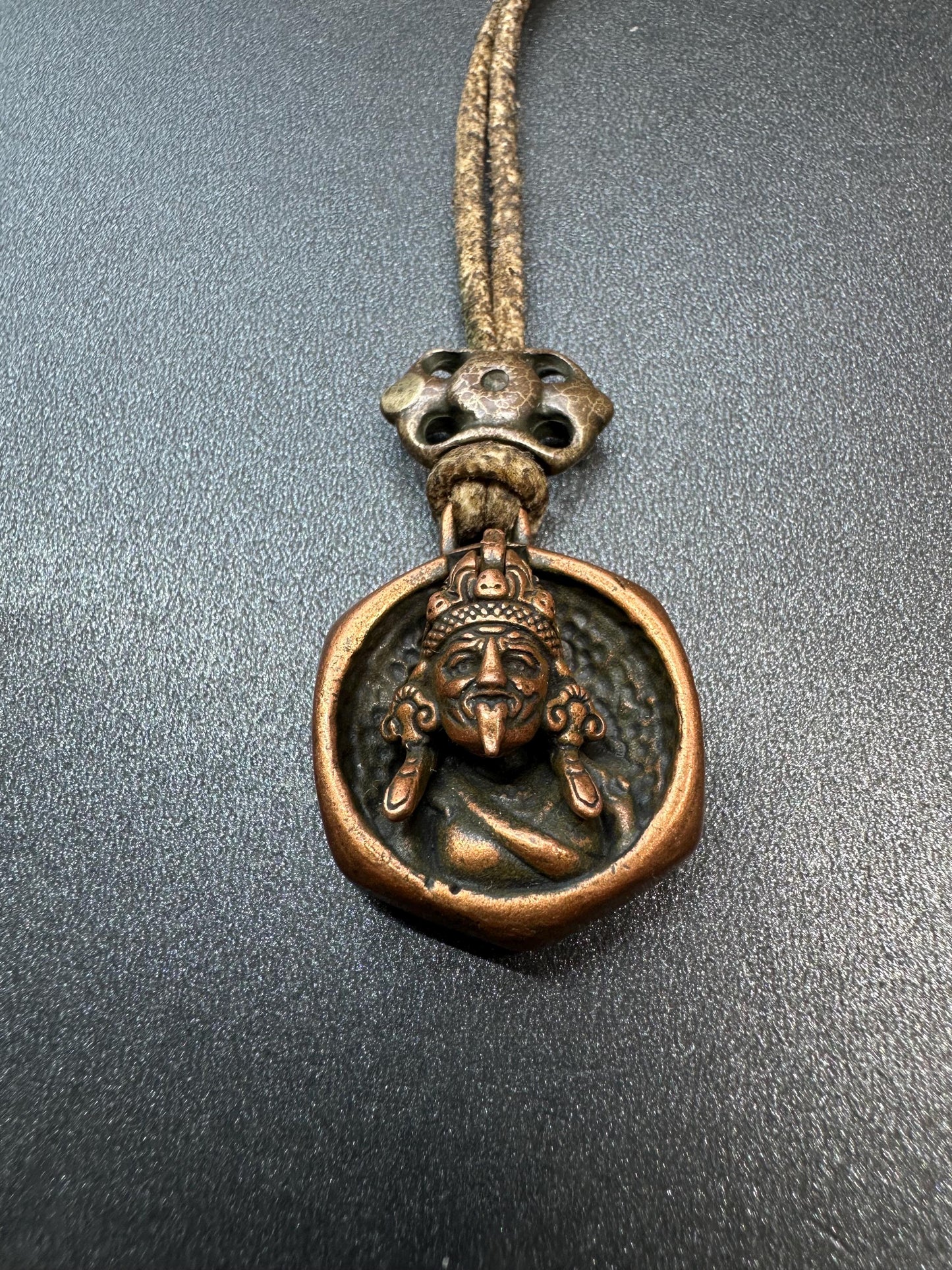 Brass Zakiram “Past and Present Lives Opening Pendant with Genuine Sheepskin Cord | Tibetan Spiritual Protector Amulet | Unique Buddhist Je