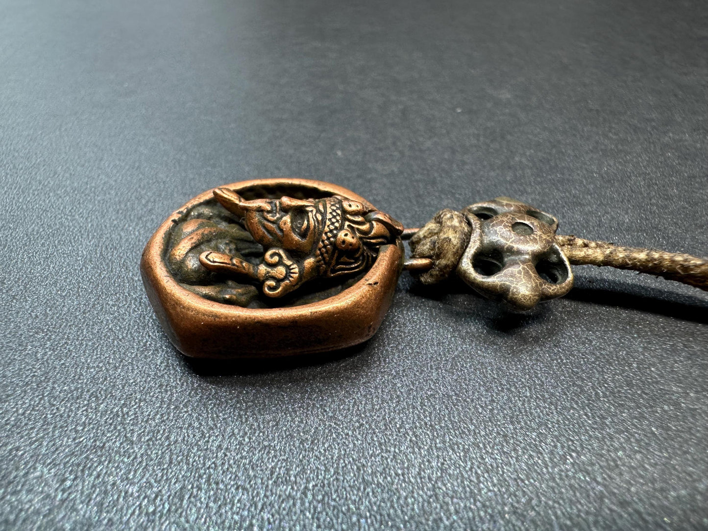 Brass Zakiram “Past and Present Lives Opening Pendant with Genuine Sheepskin Cord | Tibetan Spiritual Protector Amulet | Unique Buddhist Je