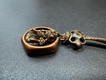 Brass Zakiram “Past and Present Lives Opening Pendant with Genuine Sheepskin Cord | Tibetan Spiritual Protector Amulet | Unique Buddhist Je
