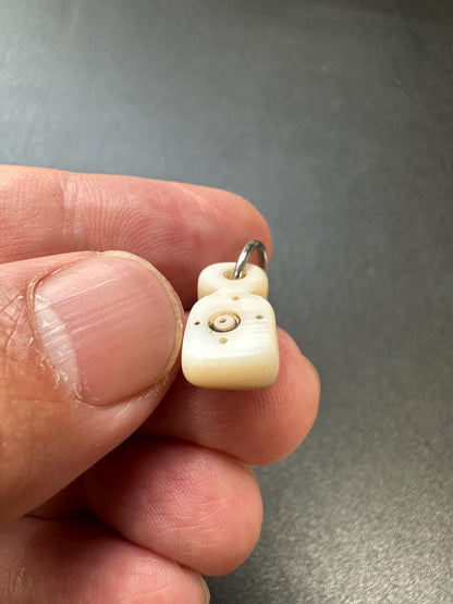 Handcarved Tibetan Shell Pendant  Double Mantra Dot Talisman, Both Sides, Spiritual Amulet Mala Counter