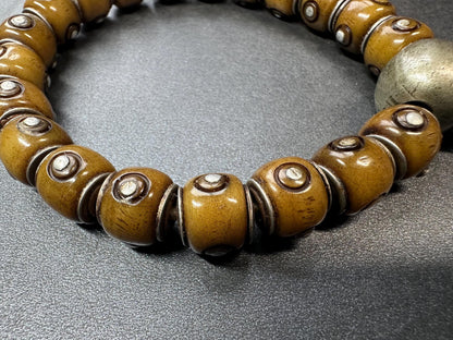 Tibetan Yak Bone Prayer Bead Bracelet, Adjustable, White Brass Guru Bead, Mantra Dot Mala, Fits Most Wrists