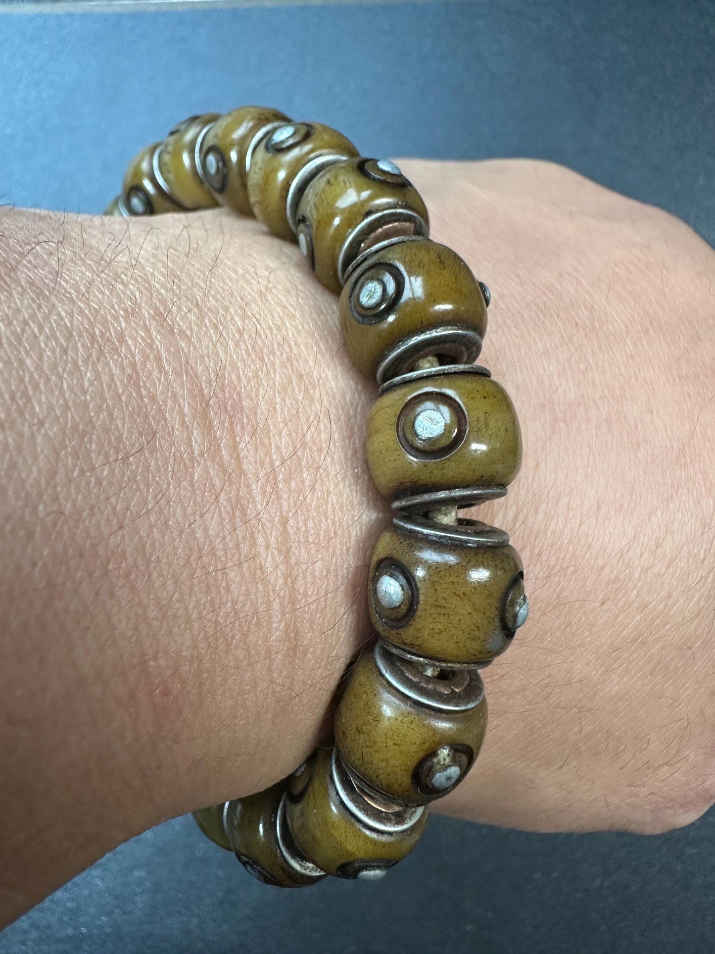 Tibetan Yak Bone Prayer Bead Bracelet, Adjustable, White Brass Guru Bead, Mantra Dot Mala, Fits Most Wrists