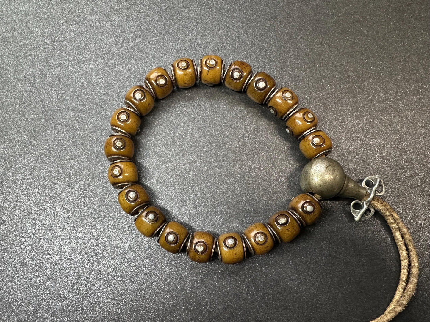 Tibetan Yak Bone Prayer Bead Bracelet, Adjustable, White Brass Guru Bead, Mantra Dot Mala, Fits Most Wrists